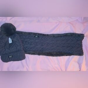 Beanie Fur Hat With Pom Pom & Infinity Reversible Scarf Set